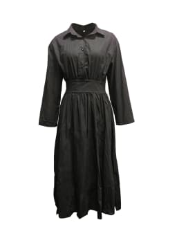 Women's Long Sleeve Button Down Shirt Dress with Collar and Pleated A-Line Midi Skirt