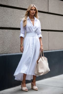 Women's Long Sleeve Button Down Shirt Dress with Collar and Pleated A-Line Midi Skirt
