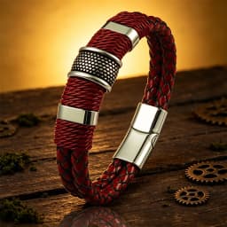 Men Bracelet High Quality Stainless Steel Red Braided Leather Wristband with Beads Magnetic Clasp Punk Jewelry Gift for Him