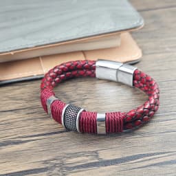 Men Bracelet High Quality Stainless Steel Red Braided Leather Wristband with Beads Magnetic Clasp Punk Jewelry Gift for Him