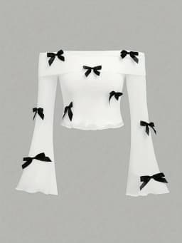 Kids Girls 2-Piece Off Shoulder Bow Print Flare Sleeve Top & High Waist Flare Pants Set Summer Casual Family Matching Daily Outf