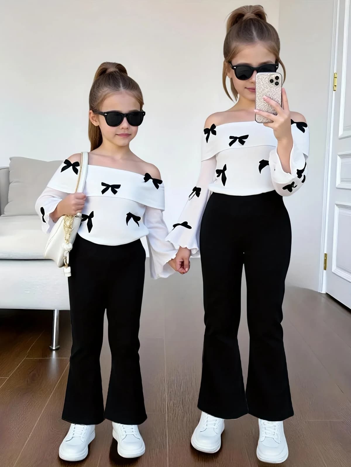 Kids Girls 2-Piece Off Shoulder Bow Print Flare Sleeve Top & High Waist Flare Pants Set Summer Casual Family Matching Daily Outf