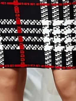 Black White Red Plaid High-Waist Bodycon Skirt, Slim-Fit Midi Pencil Skirt