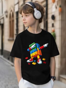 Summer Children's Dab Dance Colorful Building Block Robot Printed Short-Sleeved T-Shirt Boys and Girls Comfortable Casual Top