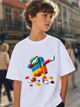 Summer Children's Dab Dance Colorful Building Block Robot Printed Short-Sleeved T-Shirt Boys and Girls Comfortable Casual Top