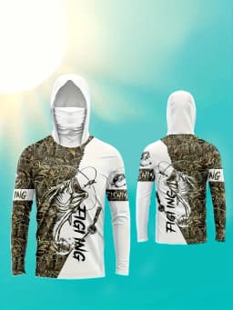 American Men's Summer Serrated Fish Letter Print Comfortable Breathable Fishing Suit Long Sleeved T-Shirt Outdoor Casual Top