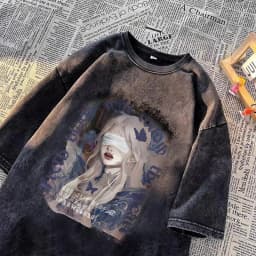 Vintage Anime Blindfold Girl Print T-Shirt Dark Grunge Aesthetic Butterfly Oversized Tee Casual Y2K Gothic Short Sleeve Shirt