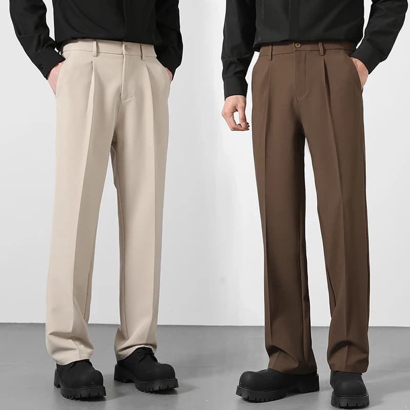 Spring and Summer Men's Loose Suit Pants Korean Style Straight Solid Color Drape Elastic Business Office Casual Trousers Brown