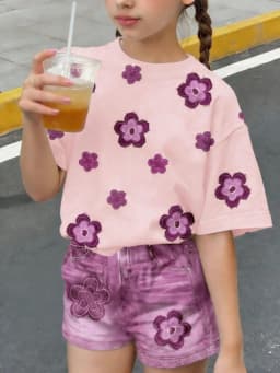 Kids Girls 2-Piece Floral Embroidery Short Sleeve T-shirt & Denim-Look Shorts Set Summer Casual Streetwear Daily School Outfit(N