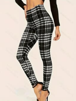 Black & White Plaid High-Waist Leggings, Slim Fit Elastic Slimming Houndstooth Skinny Pants