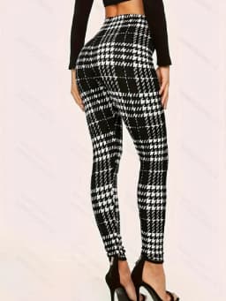 Black & White Plaid High-Waist Leggings, Slim Fit Elastic Slimming Houndstooth Skinny Pants