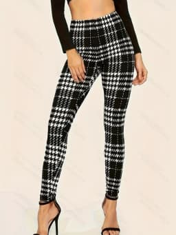 Black & White Plaid High-Waist Leggings, Slim Fit Elastic Slimming Houndstooth Skinny Pants