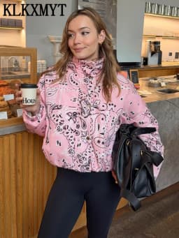 KLKXMYT Women Elegant Fashion Pink Print Jacket Long Sleeve Zipper Hooded Coat Spring Autumn Lady Trend Street Outwear