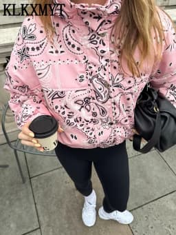 KLKXMYT Women Elegant Fashion Pink Print Jacket Long Sleeve Zipper Hooded Coat Spring Autumn Lady Trend Street Outwear