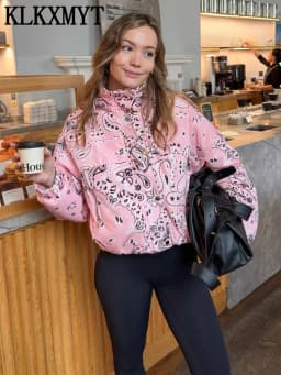 KLKXMYT Women Elegant Fashion Pink Print Jacket Long Sleeve Zipper Hooded Coat Spring Autumn Lady Trend Street Outwear