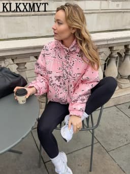 KLKXMYT Women Elegant Fashion Pink Print Jacket Long Sleeve Zipper Hooded Coat Spring Autumn Lady Trend Street Outwear