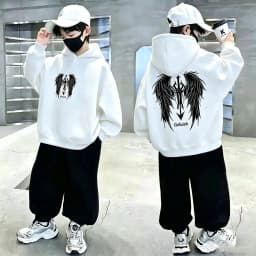 Boys Hoodie Streetwear Angel Wings Trident Print Kids Loose Hooded Sweatshirt Casual Teen Pullover