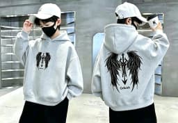 Boys Hoodie Streetwear Angel Wings Trident Print Kids Loose Hooded Sweatshirt Casual Teen Pullover
