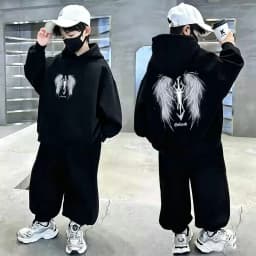 Boys Hoodie Streetwear Angel Wings Trident Print Kids Loose Hooded Sweatshirt Casual Teen Pullover
