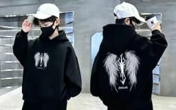 Boys Hoodie Streetwear Angel Wings Trident Print Kids Loose Hooded Sweatshirt Casual Teen Pullover