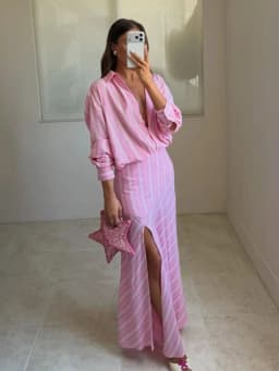 Woman Fashion Stripes Pink Skirt Sets Or Spring Female Single Breasted Full Sleeves Shirts Or Lady Chic Side Split Long Skirts
