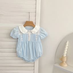 2026 Summer New 0-24M Baby Girls Jumpsuit Korean Version Short Sleeved Bodysuit Flower Embroidered Sweet Blue Romper