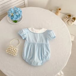 2026 Summer New 0-24M Baby Girls Jumpsuit Korean Version Short Sleeved Bodysuit Flower Embroidered Sweet Blue Romper