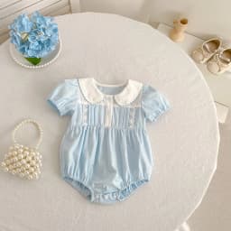 2026 Summer New 0-24M Baby Girls Jumpsuit Korean Version Short Sleeved Bodysuit Flower Embroidered Sweet Blue Romper