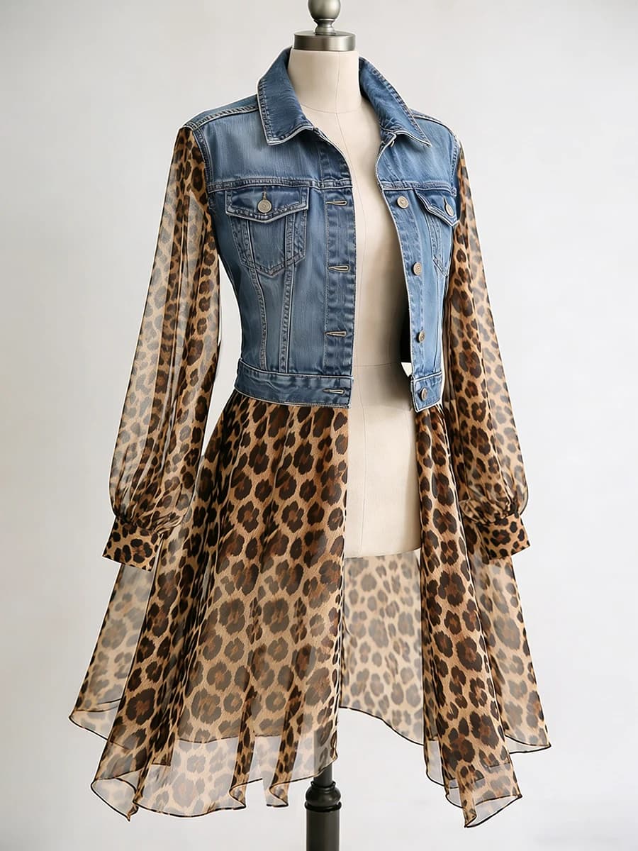 Vintage Chiffon Leopard Women Denim Coat Turndown Collar See-Through Long Sleeve Slim Fit Top Elegant Single-breasted Jackets
