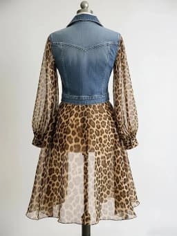 Vintage Chiffon Leopard Women Denim Coat Turndown Collar See-Through Long Sleeve Slim Fit Top Elegant Single-breasted Jackets