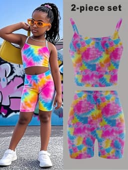 Kids Girls 2-Piece Tie-Dye Cami Crop Top & Biker Shorts Set Summer Casual Streetwear Loungewear Outfit