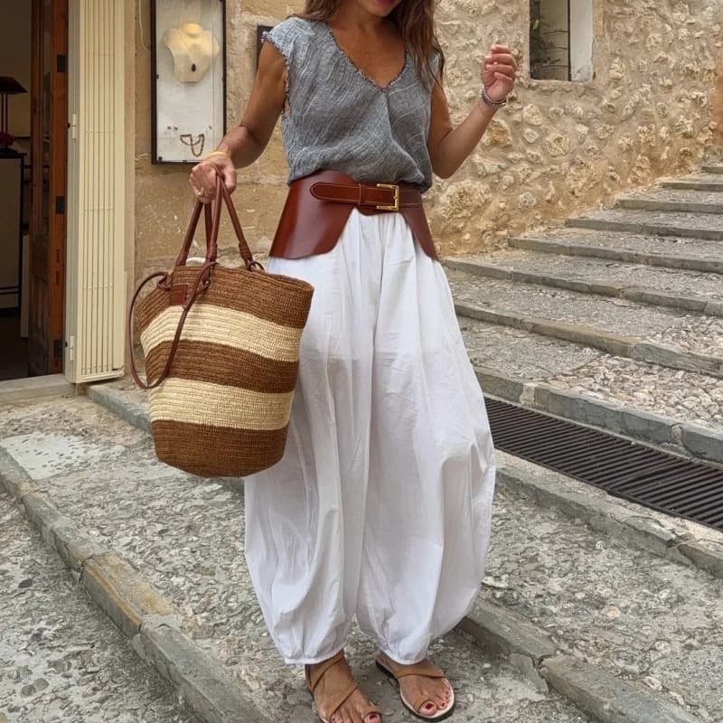 Women Casual Solid High Waist Pleated Balloon Long Pants Women Y2k Baggy Bloomers Solid Color High Waist Loose Fit Capris
