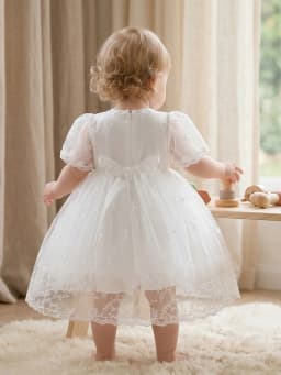 High-end White Baptismal Gown for Infant Girls Ages 0–2 Years, Featuring Delicate Lace Embroidery, Coordinated Coat and Skirt