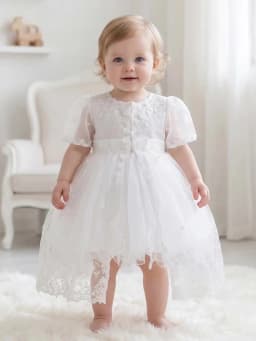 High-end White Baptismal Gown for Infant Girls Ages 0–2 Years, Featuring Delicate Lace Embroidery, Coordinated Coat and Skirt