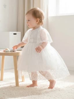 High-end White Baptismal Gown for Infant Girls Ages 0–2 Years, Featuring Delicate Lace Embroidery, Coordinated Coat and Skirt