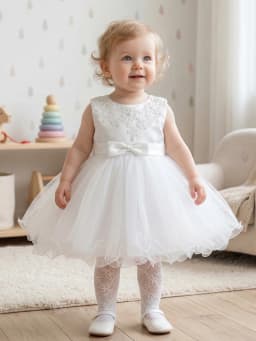 High-end White Baptismal Gown for Infant Girls Ages 0–2 Years, Featuring Delicate Lace Embroidery, Coordinated Coat and Skirt