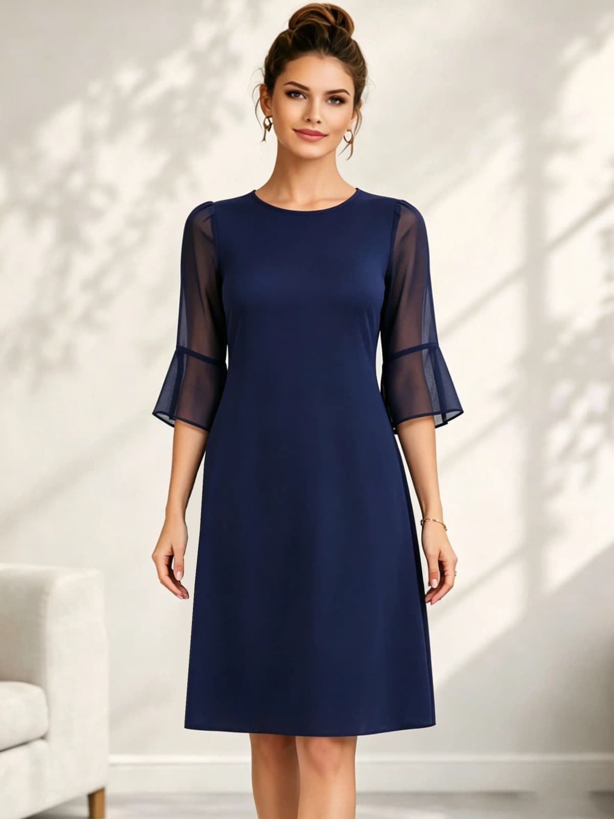 Women Elegant Pure Color O-Neck Summer Bell Sleeve Leisure Cocktail Party Knee Length Full Skirt A-Line Evening Dress