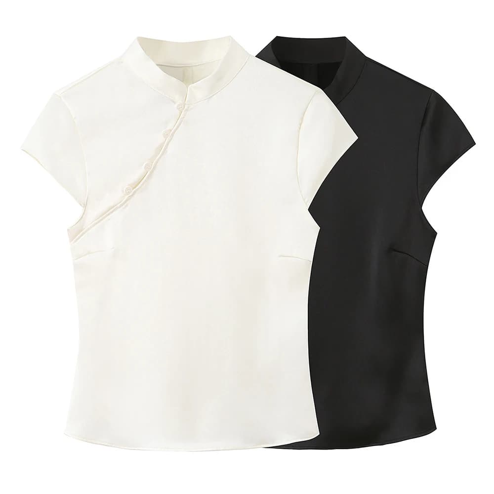 Willshela Women Fashion Solid Side Button Zipper Slim Fitting Tops Vintage Stand Neck Short Sleeves Female Chic Lady Tank Tops