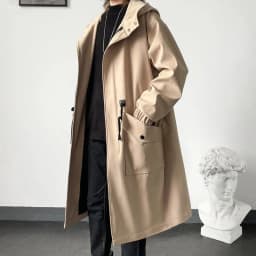 KIDWHXR Men Trench Coat Spring Autumn Mid-length Hooded Casual Male Windbreaker Fashion Simlpe Solid Color Pocket Man Outerwear