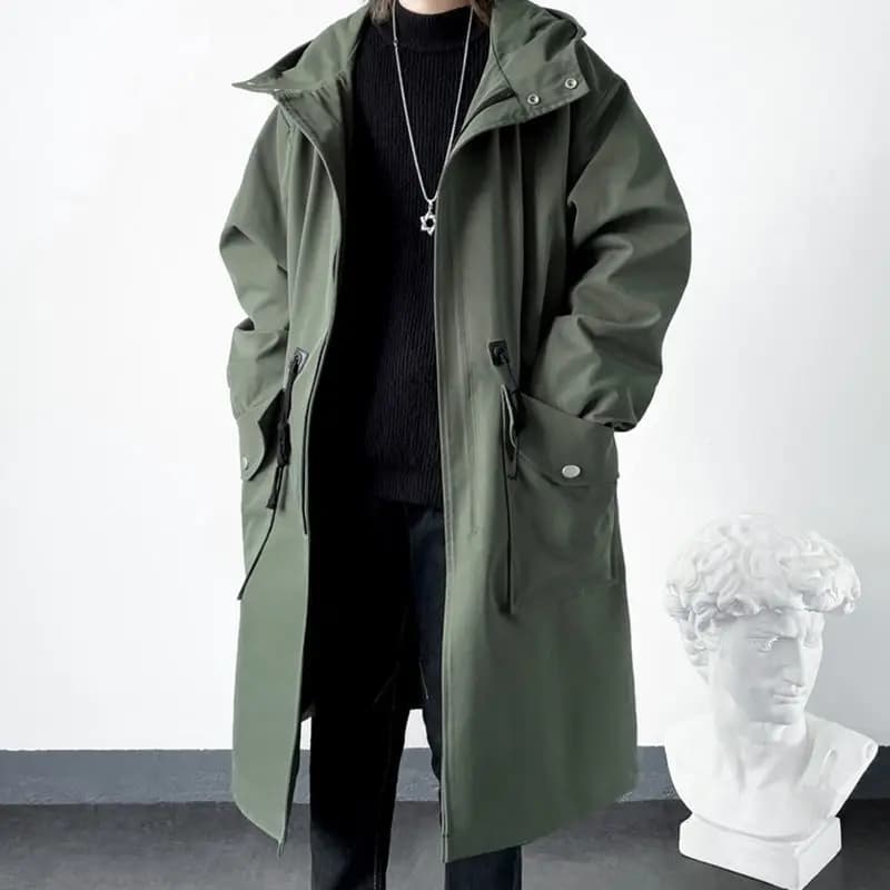KIDWHXR Men Trench Coat Spring Autumn Mid-length Hooded Casual Male Windbreaker Fashion Simlpe Solid Color Pocket Man Outerwear