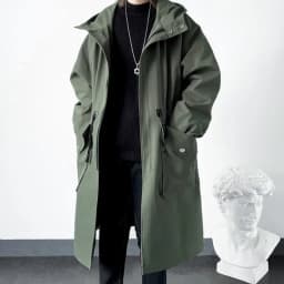 KIDWHXR Men Trench Coat Spring Autumn Mid-length Hooded Casual Male Windbreaker Fashion Simlpe Solid Color Pocket Man Outerwear