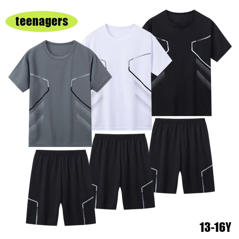 2-Piece Summer Youth 13-16 Years Old Multi-Color Quick Drying Sports Short-Sleeved Shorts Set, Youth Men's and Women's Printed T