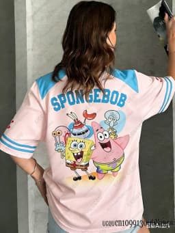 Cartoon SpongeBob Print T-shirts For Women Casual V-Neck Patchwork Short Sleeve Sports Football Jersey Loose Oversized Y2K Tops