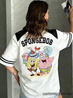Cartoon SpongeBob Print T-shirts For Women Casual V-Neck Patchwork Short Sleeve Sports Football Jersey Loose Oversized Y2K Tops