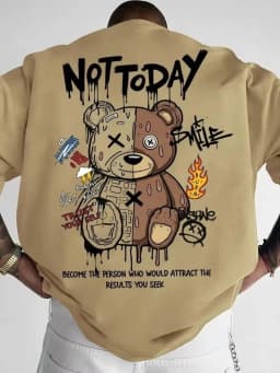 Fashionable Men's Summer Spliced Teddy Bear Letter Print Comfortable and Breathable Round Neck T-Shirt Outdoor Street Top