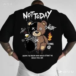 Fashionable Men's Summer Spliced Teddy Bear Letter Print Comfortable and Breathable Round Neck T-Shirt Outdoor Street Top