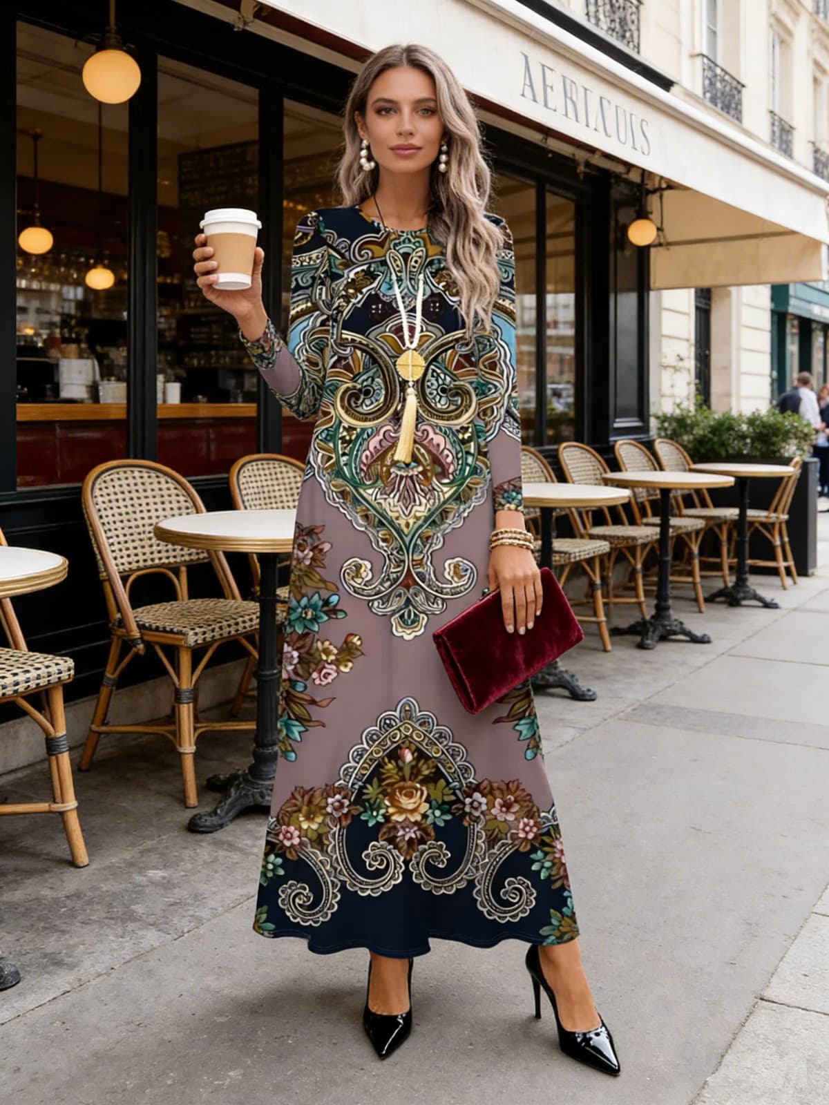 Long Sleeve Dress Ethnic Style Casual Flowy Midi Dress for Women Autumn Winter Fashion A Line Solid Color Loose Fit