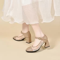 Women's High-Heel Work Shoes-Spring PU Leather Slip-On Mesh Mary Janes with Adjustable Ankle Strap, Perfect for Office and Daily
