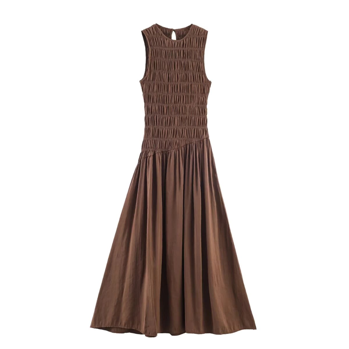 2026 Spring New Product Women's French Simple Medium to Long Sleeveless Round Neck Fluffy Midi Dress