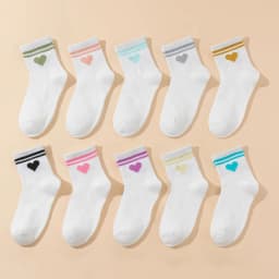 10 Pairs Kids Socks Heart Pattern Bar White Basic Sports Versatile Children's Footwear, Girls' School Socks